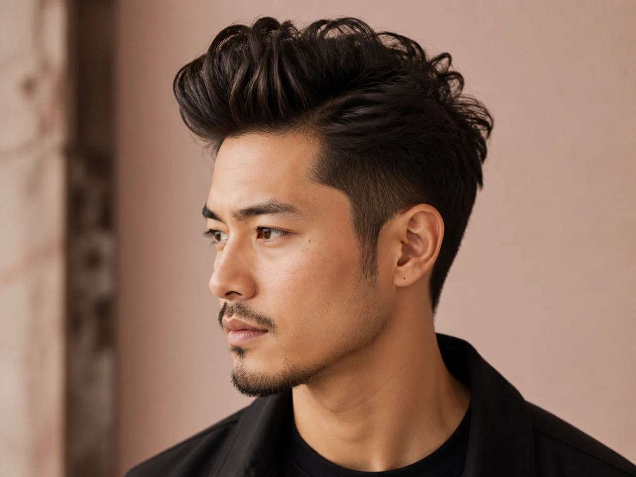 Textured pompadour with matte finish and mid fade