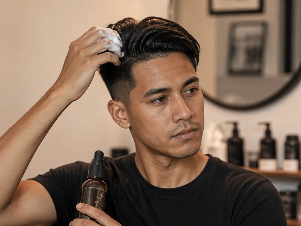 Ping-pong-ball-sized mousse in a hand held above damp brown hair ready for a quiff pre-style