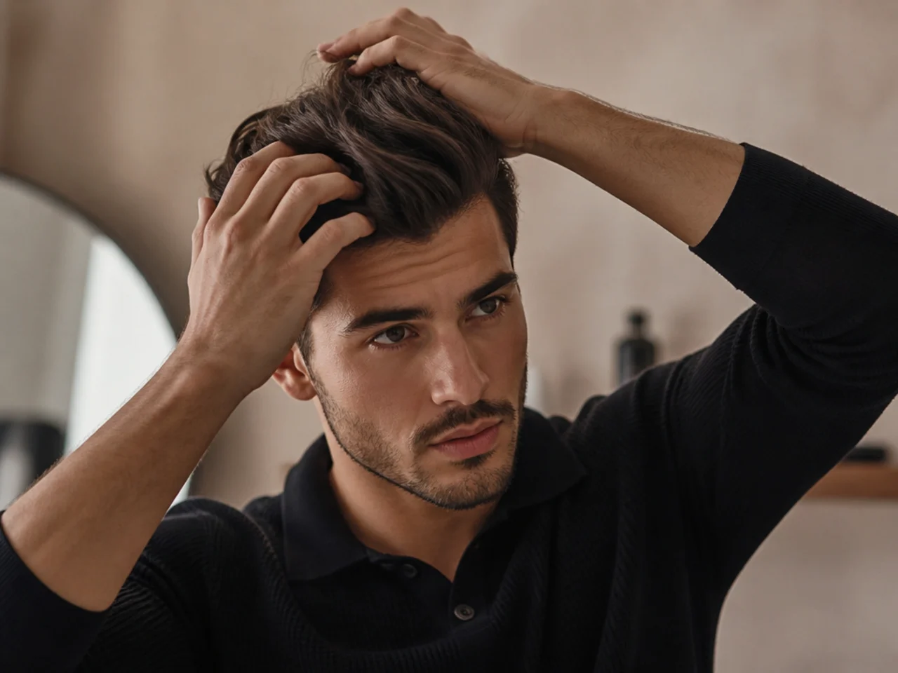 Warming matte clay between palms above a styled quiff ready for hold product