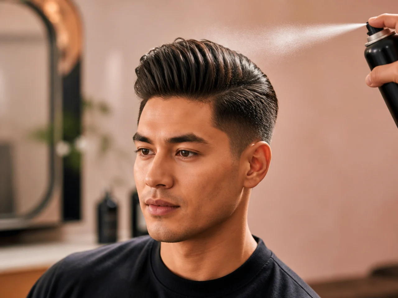 Light matte hairspray being sprayed twelve inches away from a finished quiff hairstyle