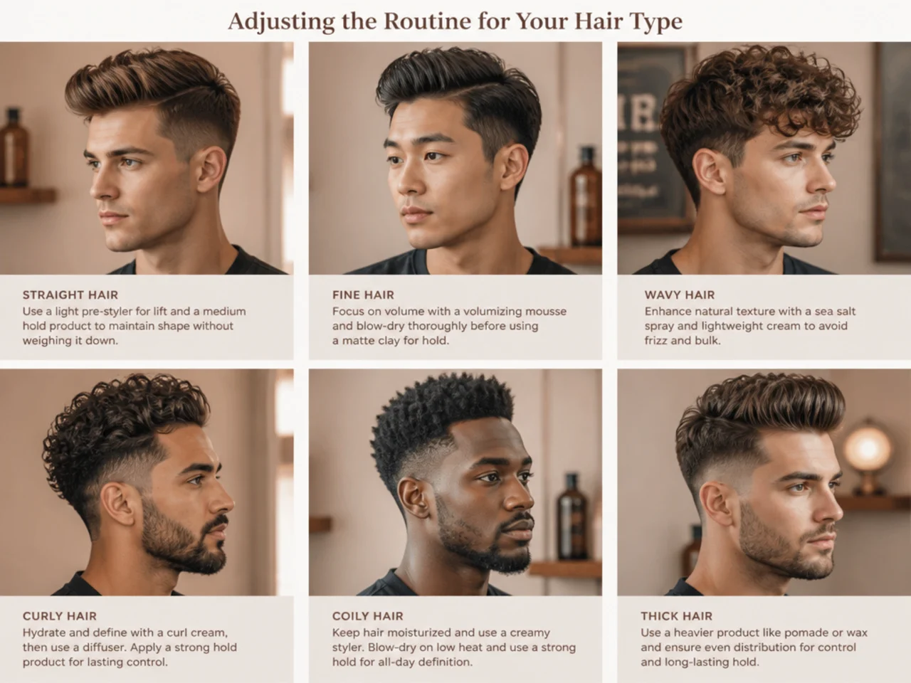 Side by side of straight, wavy, and curly hair textures styled into a quiff shape