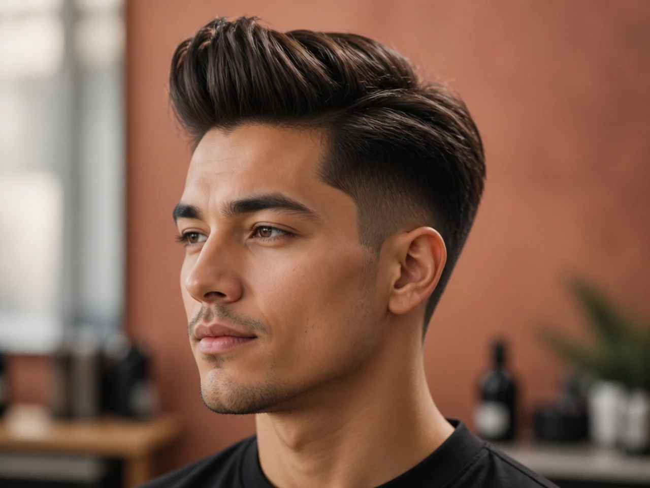 Young man mid-styling with a round brush and blow dryer building a quiff in front of a barbershop mirror