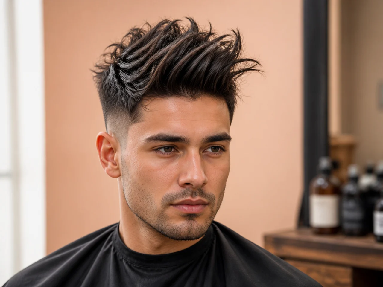 Man in a car mirror mid-day checking a quiff that has softened after several hours