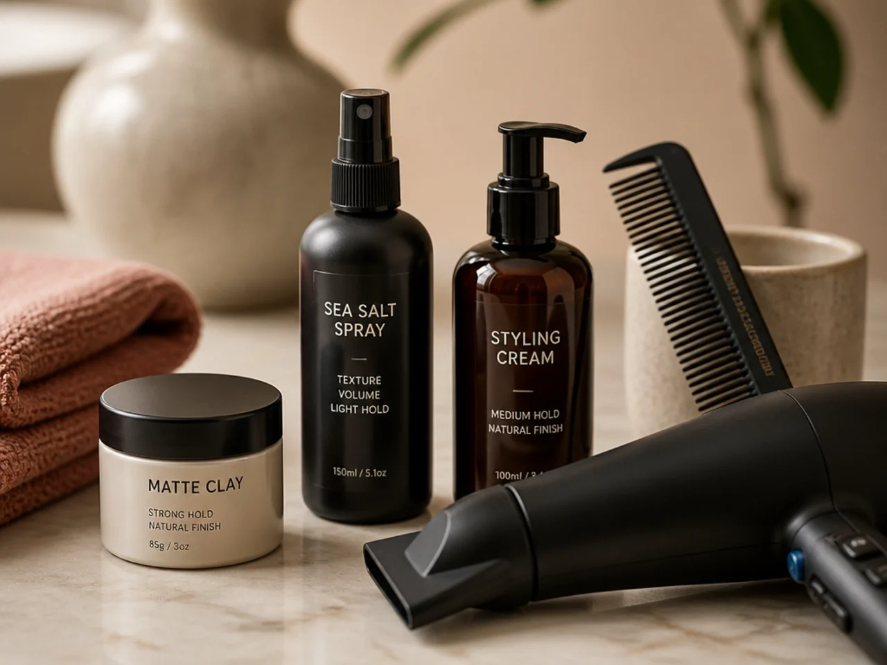 Flat lay of quiff styling products — volumizing mousse, matte clay jar, round brush, blow dryer, fine-tooth comb, and matte hairspray on a warm cream surface
