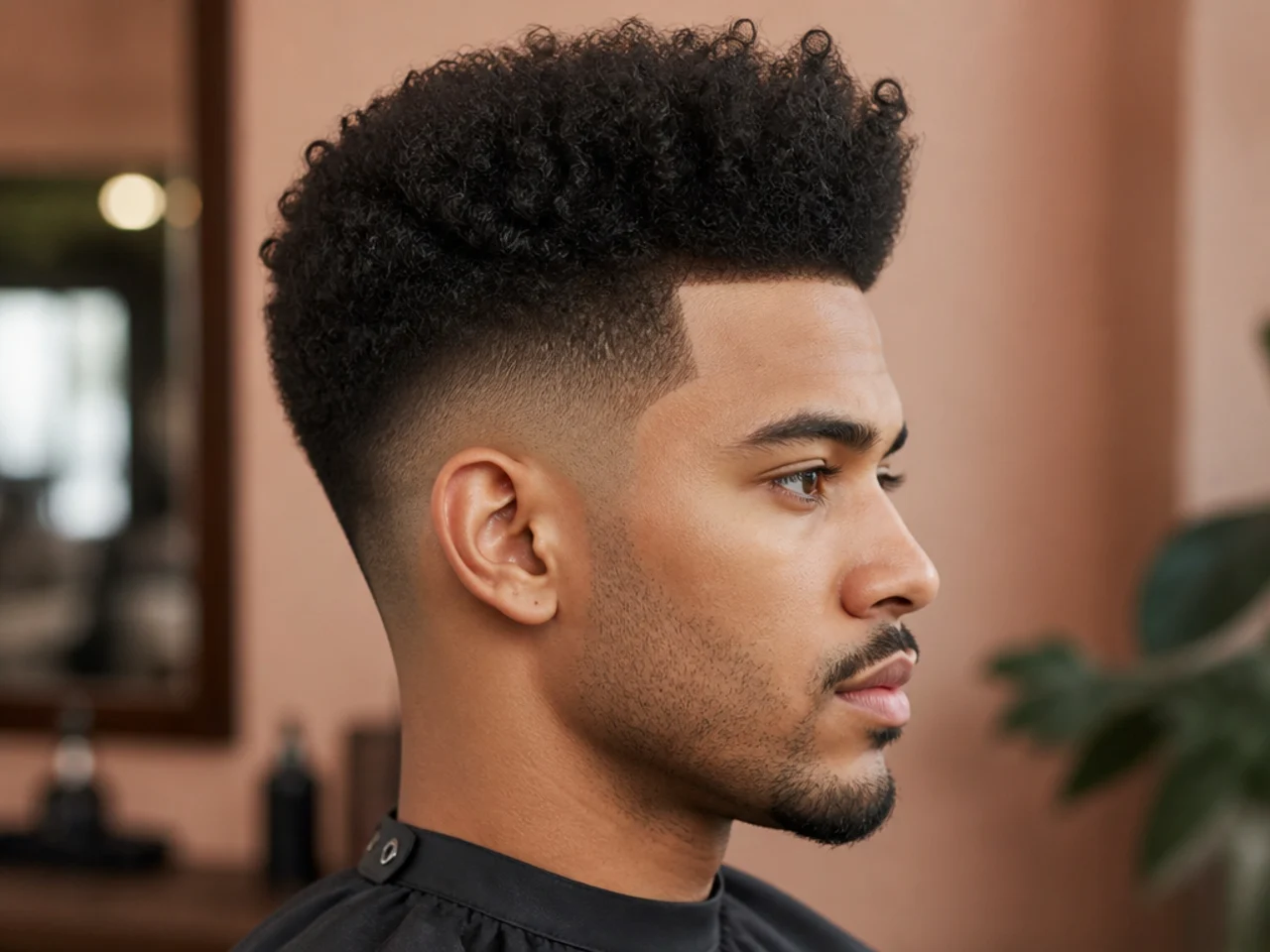 Afro-textured mens quiff with a sponge-styled swept top, taper fade, and defined shape