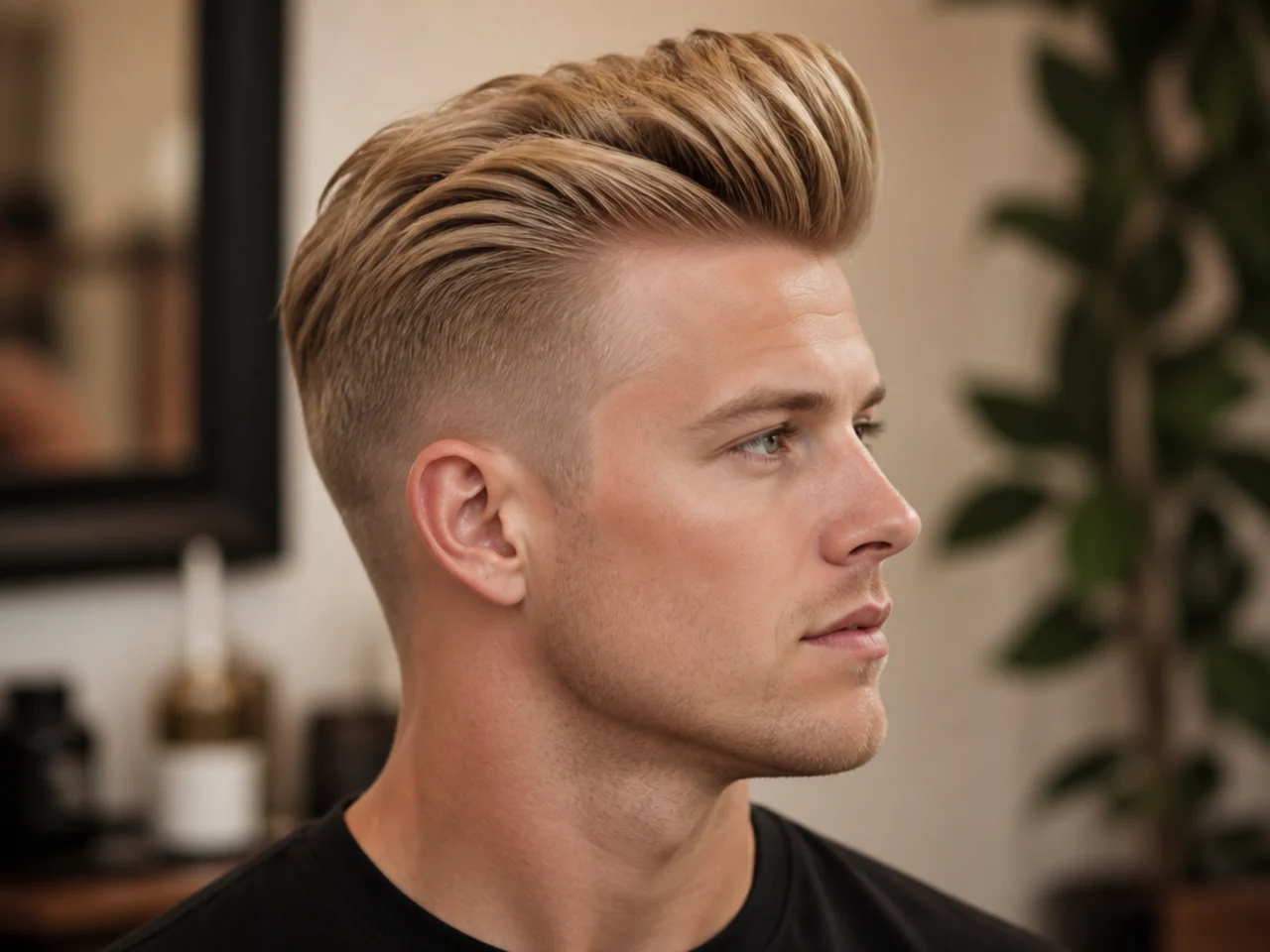 Bleached blonde mens quiff with a textured swept top and a skin fade
