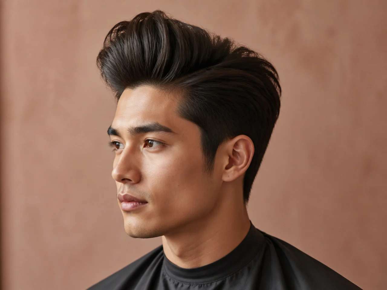 Blowout quiff with the front volumized forward instead of back, paired with a taper