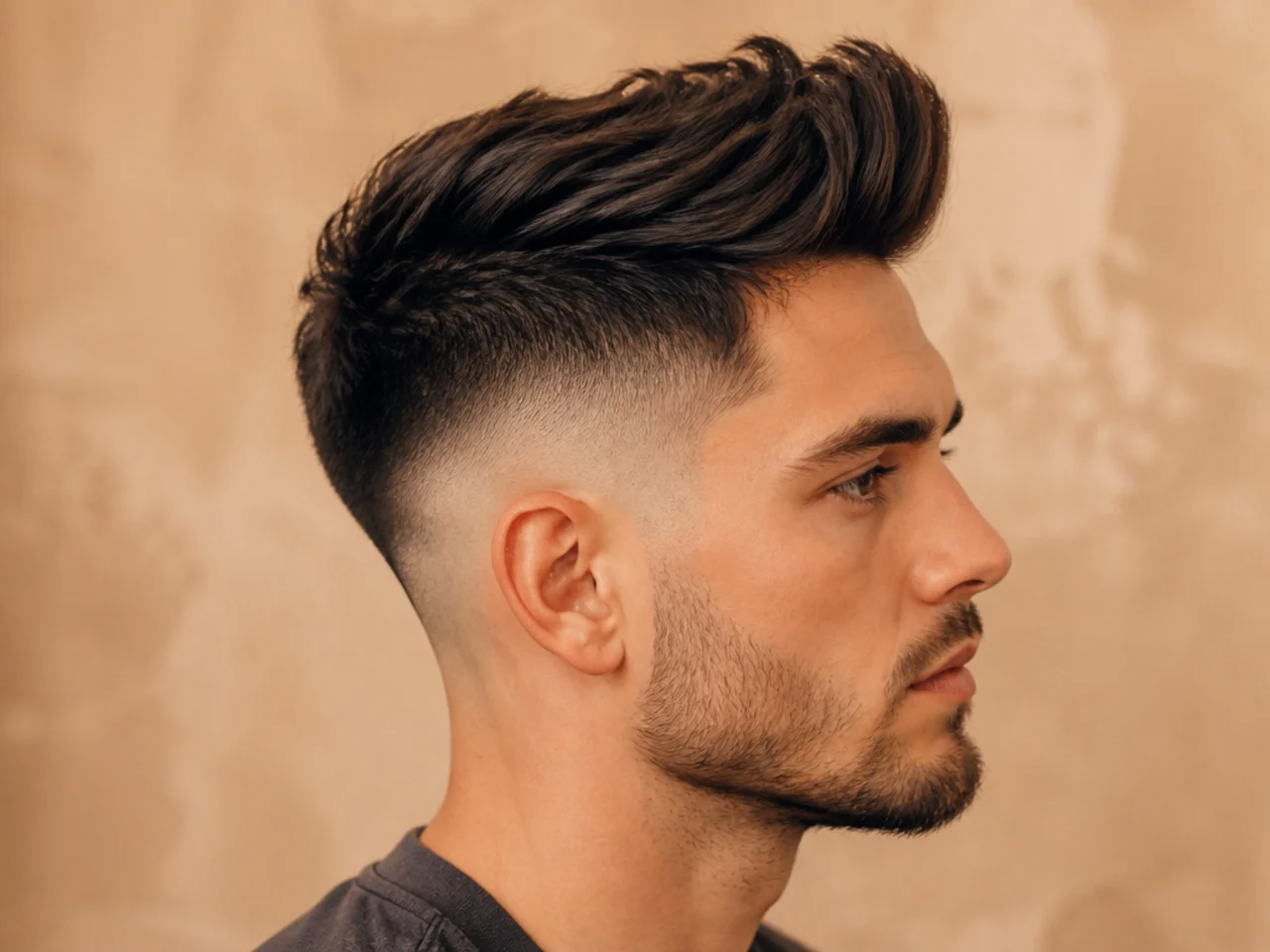 Burst fade quiff with a fade that arcs around the ear and a textured swept top