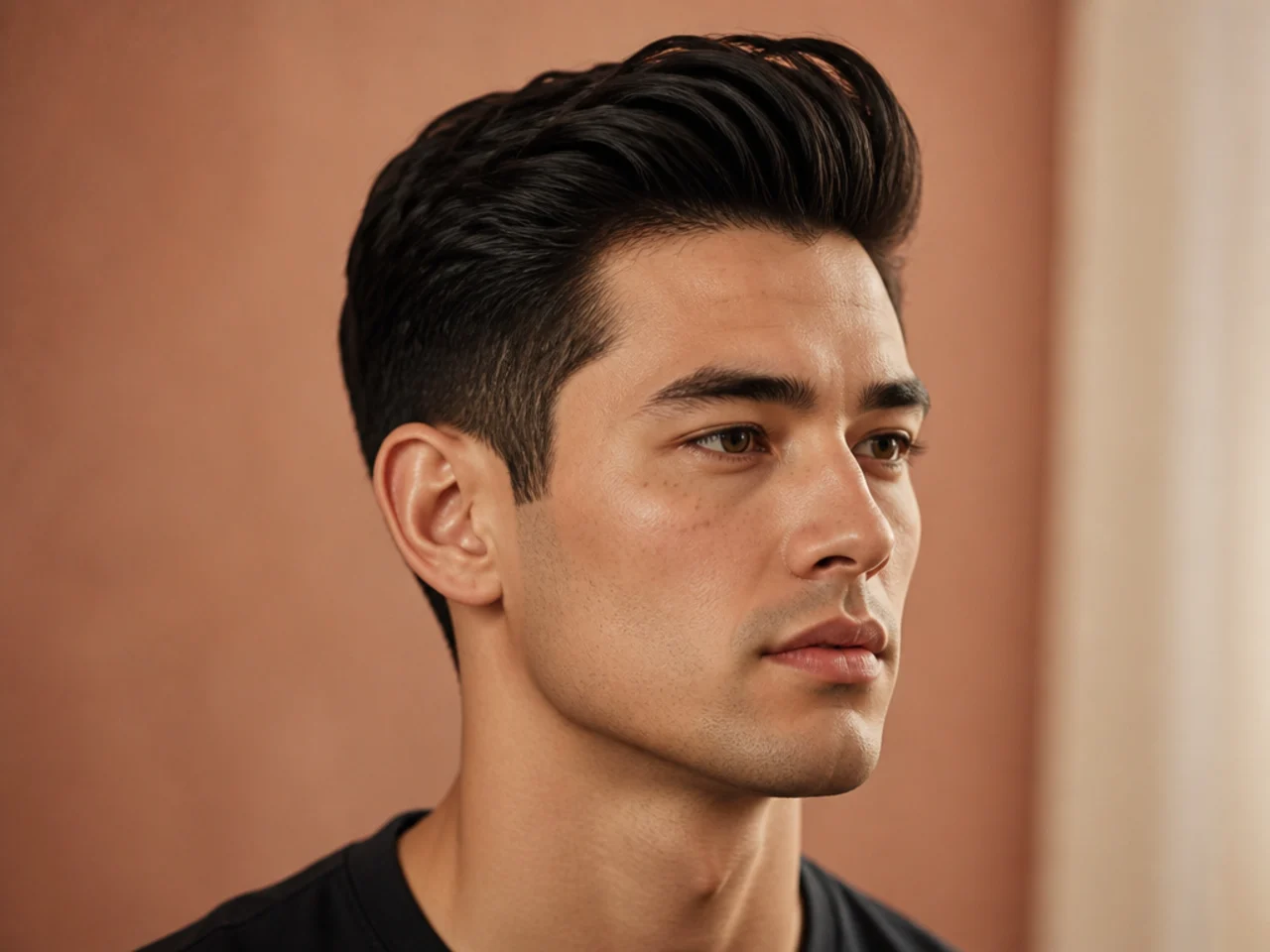 Classic mens quiff with four inches on top, scissor-tapered sides, and a smooth combed sweep