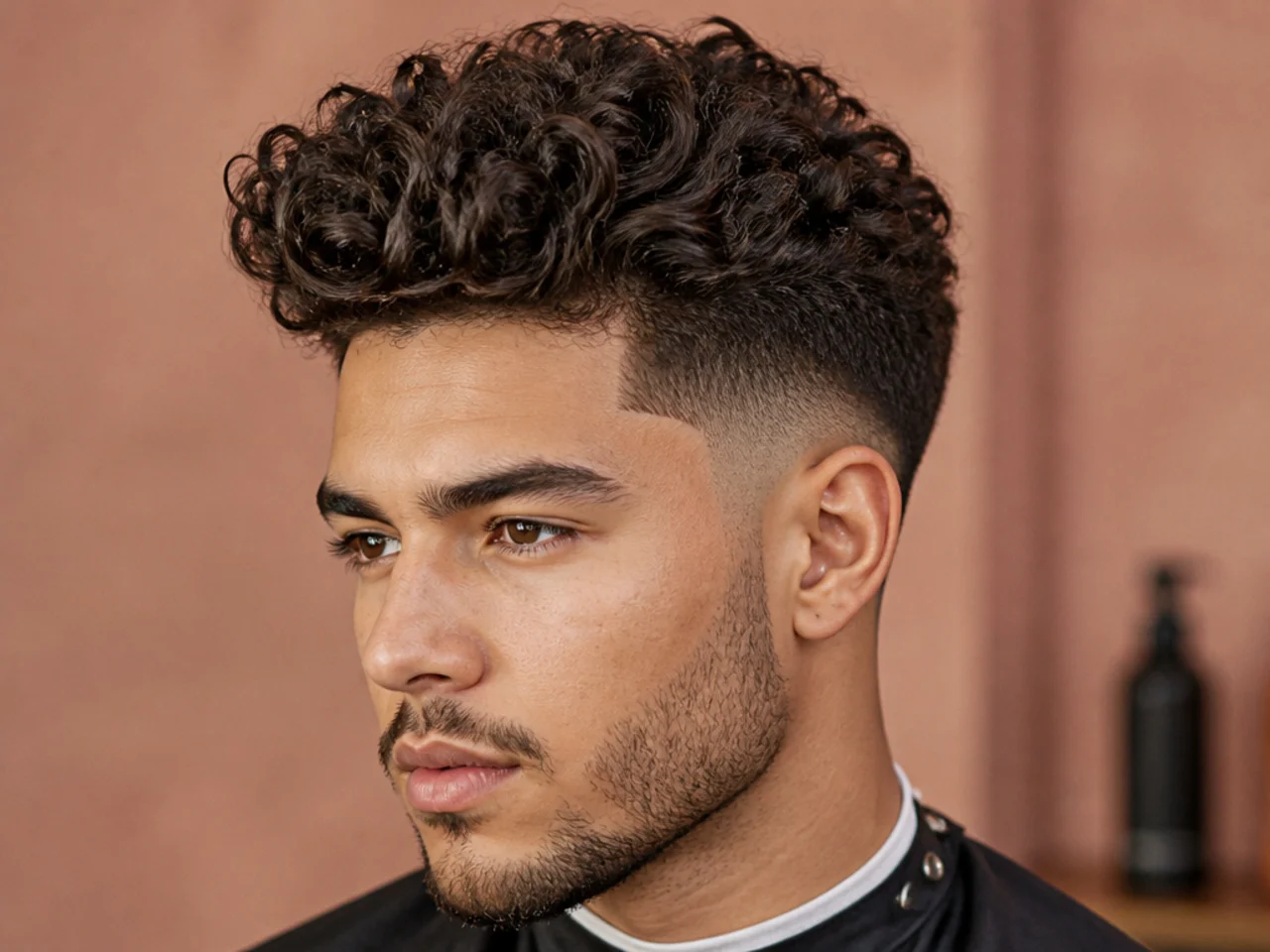 Curly mens quiff with defined 3B curls, low taper sides, and natural volume at the front