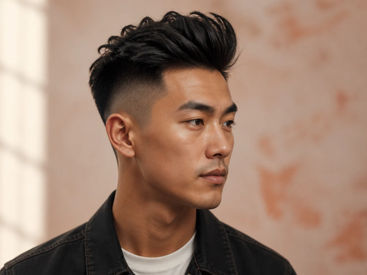 Disconnected mens quiff with a soft break between the long top and the faded sides
