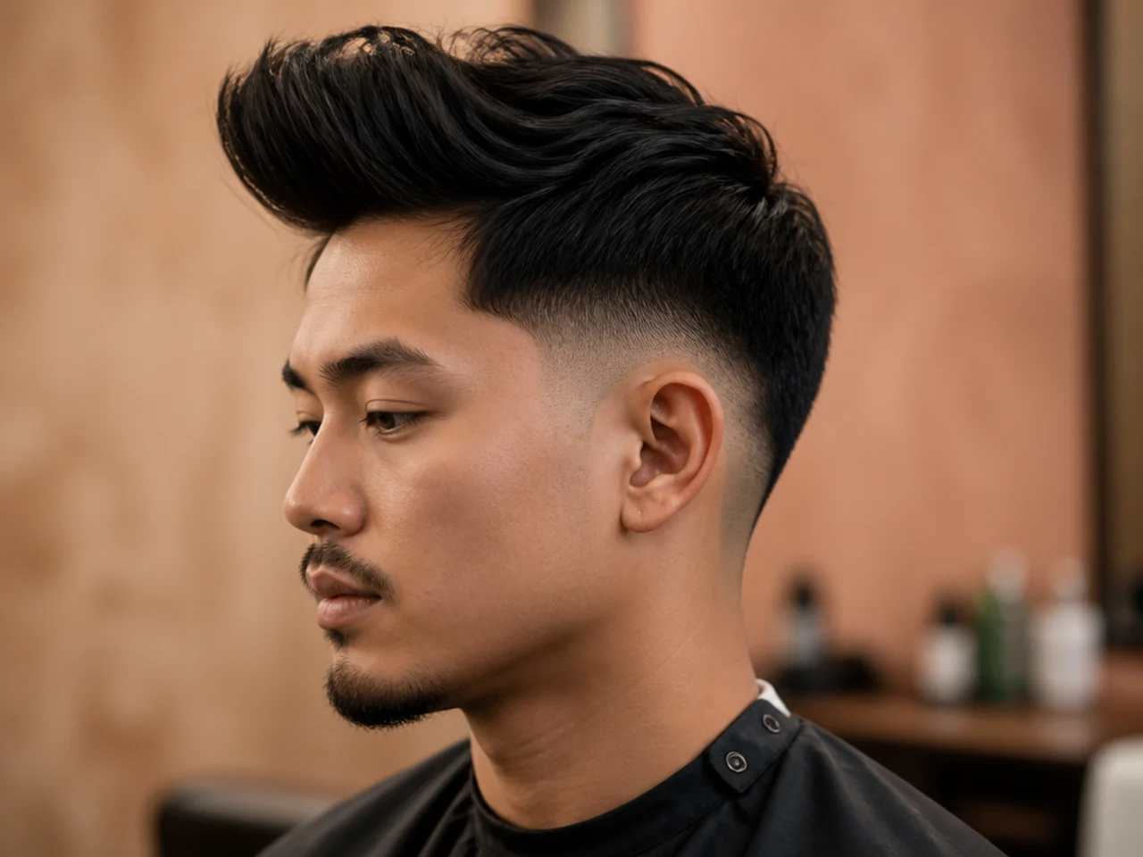Drop fade quiff with a fade that curves down behind the ear and a short swept top