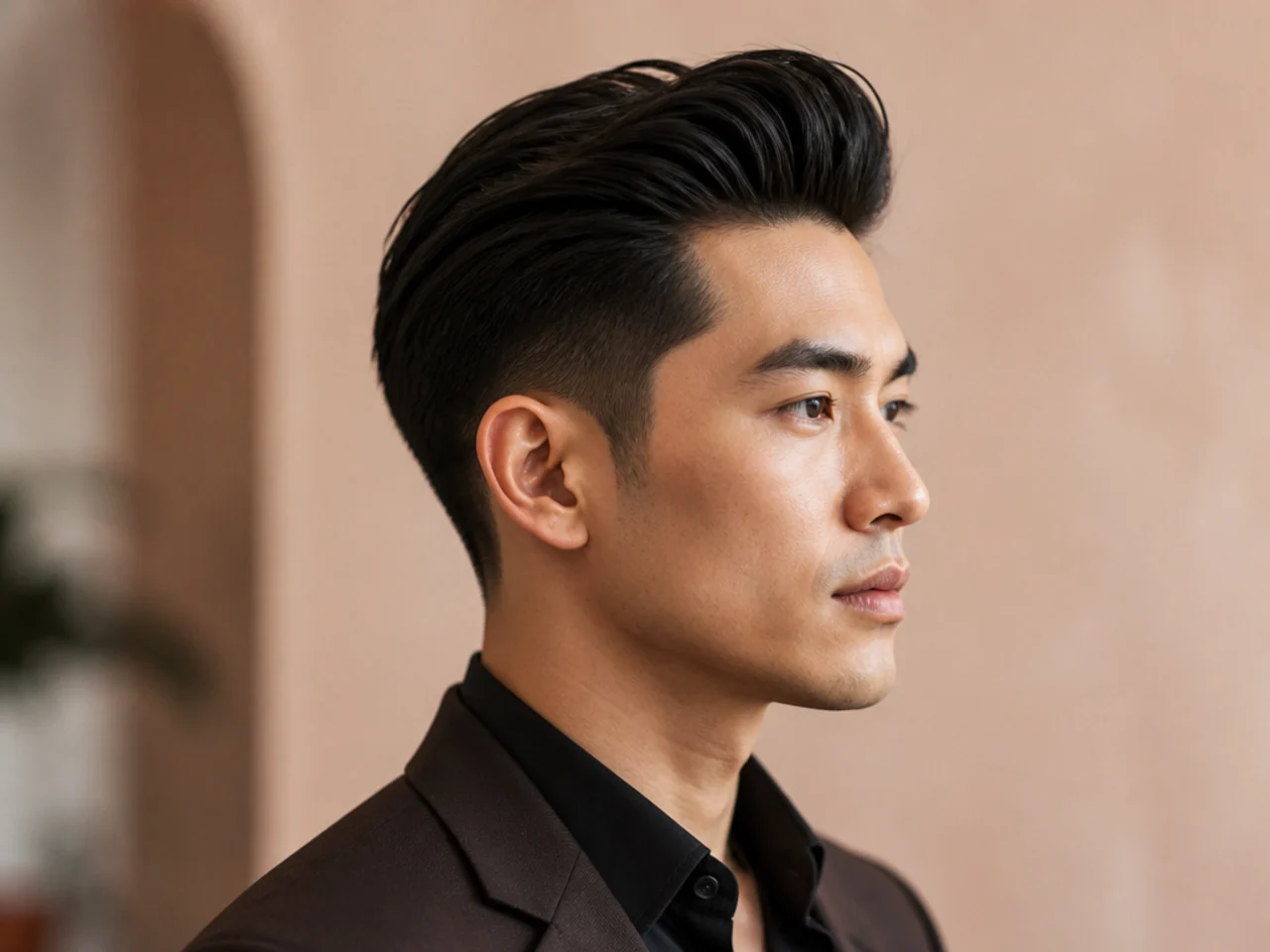 Executive mens quiff with a clean side part, low taper, and a polished pomade finish