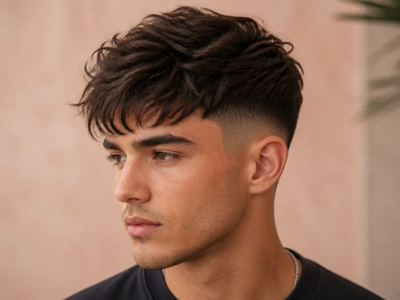 Fringed mens quiff with a section of hair falling forward at the front and lifted volume behind