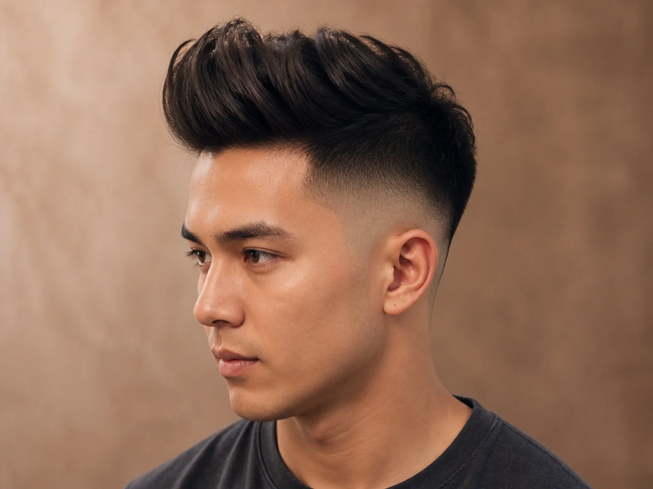 High fade quiff with a fade climbing to the top of the head and dramatic vertical lift on top