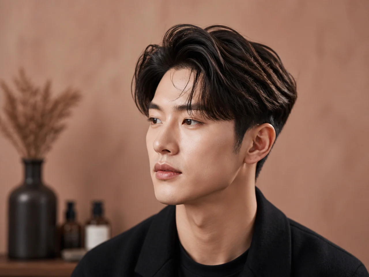 Korean-style quiff with softer volume, a two-block-inspired disconnect, and a rounded front