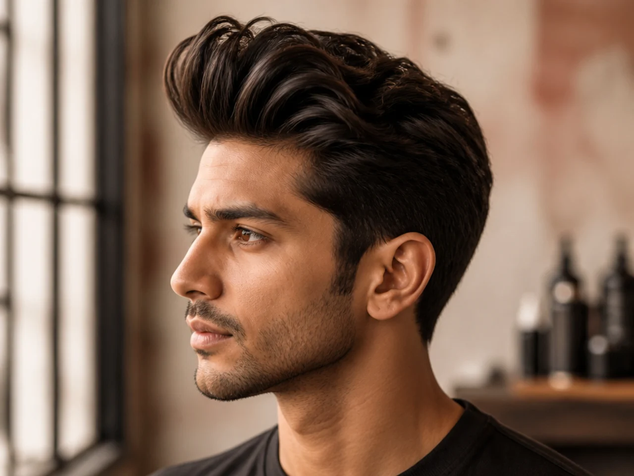 Long mens quiff with six inches at the front, low fade at the sides, and dramatic swept-back styling