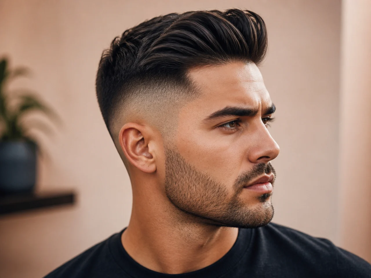 Low fade quiff with a fade that starts just above the ear and a soft swept front