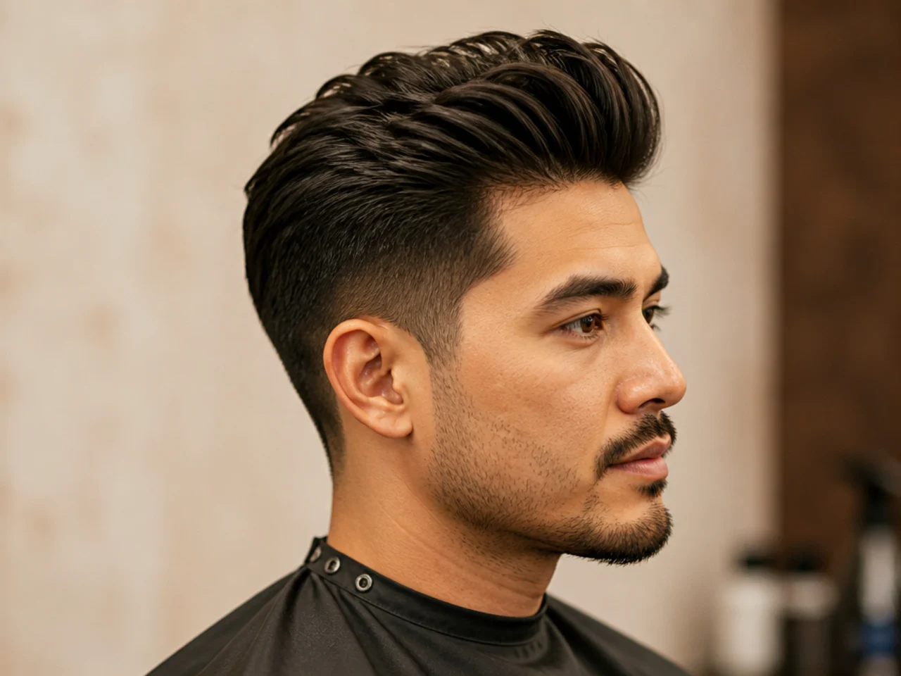 Medium mens quiff at five inches on top, tapered sides, and enough length to style up or brush back