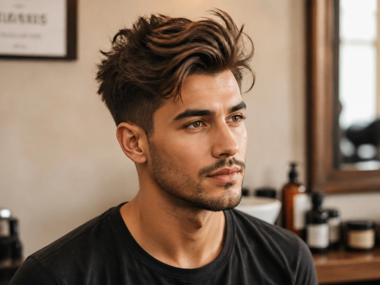 Messy mens quiff with rough layers, tousled front, and a burst fade at the sides