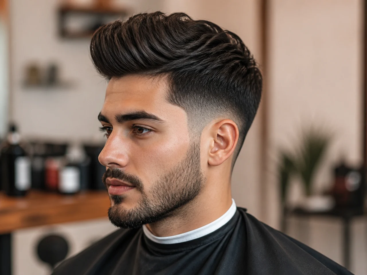Mid fade quiff with a fade that lands halfway up the side and a textured lifted front