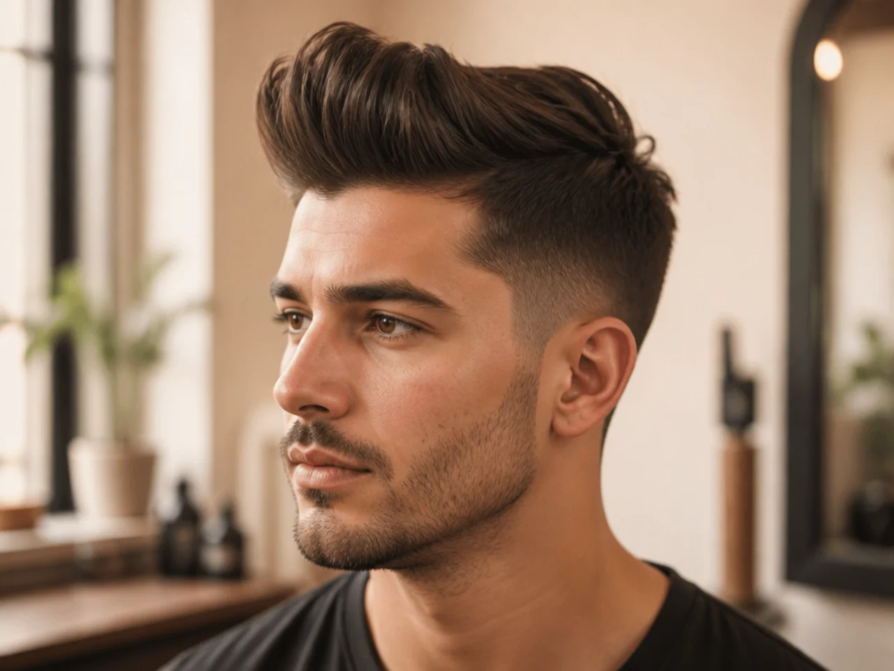 Modern mens quiff with a skin fade at the temple, long front, and soft disconnection at the crown