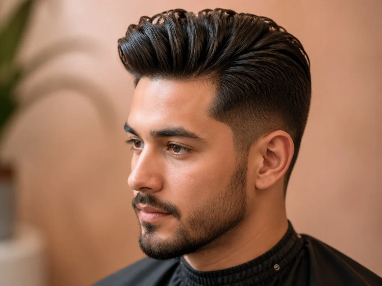 Pomaded mens quiff with visible shine, a smooth combed shape, and a scissor-tapered side