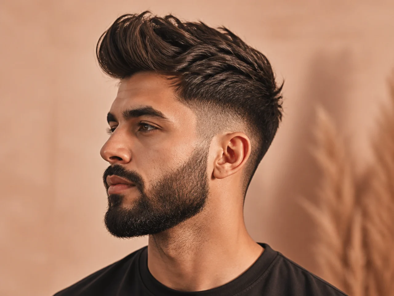 Mens quiff with a groomed medium beard, mid fade tied into the beard line, and a textured top