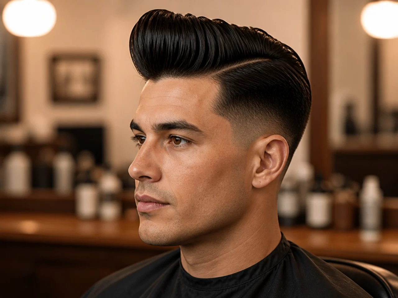 Rockabilly mens quiff with a tall front roll, tight scissor-tapered sides, and heavy pomade shine