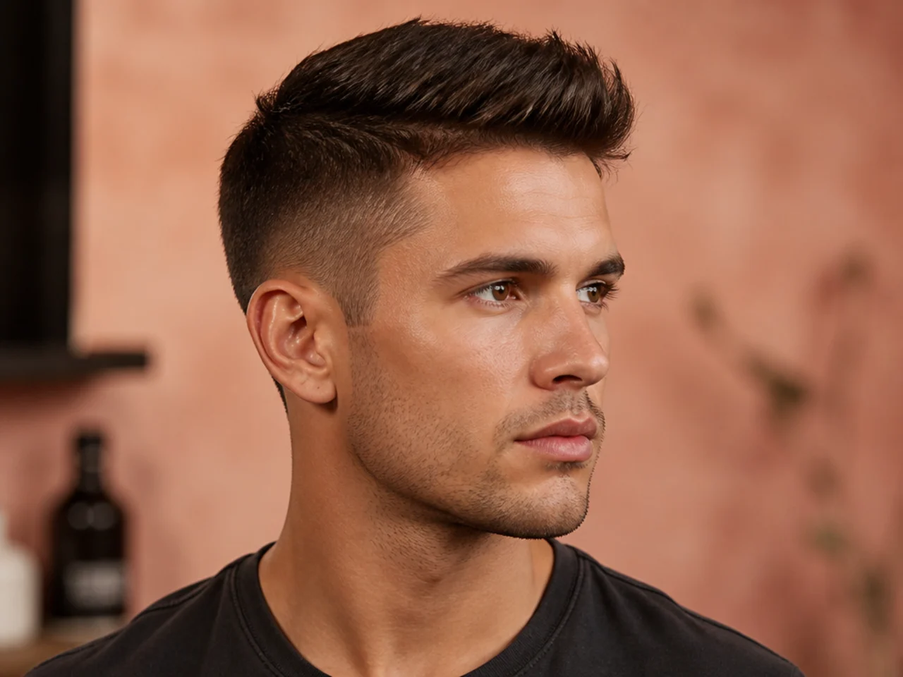 Short mens quiff at three inches on top with a mid skin fade and a compact swept front