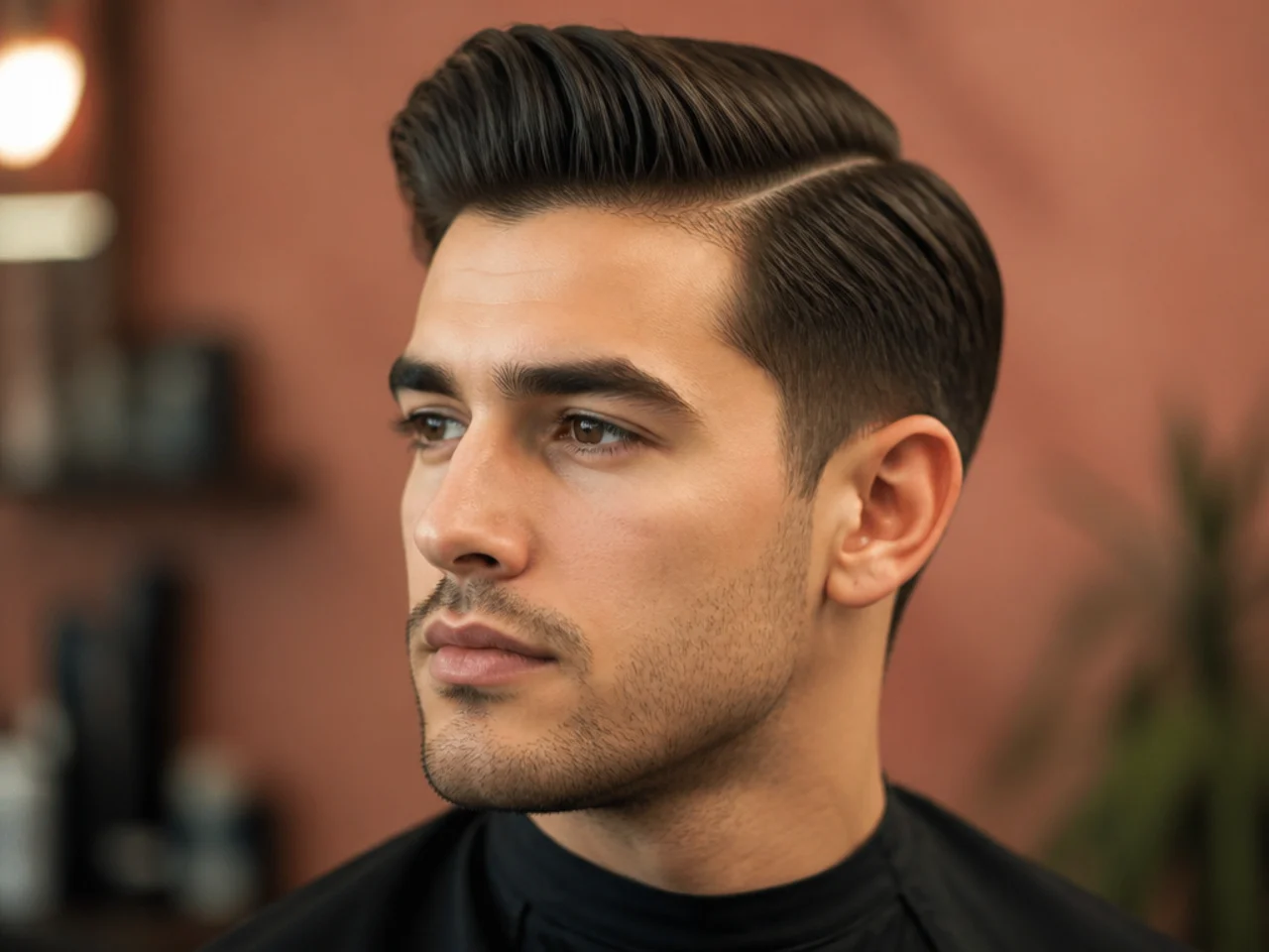 Side part quiff with a clean parting on the left and a lifted swept-back front