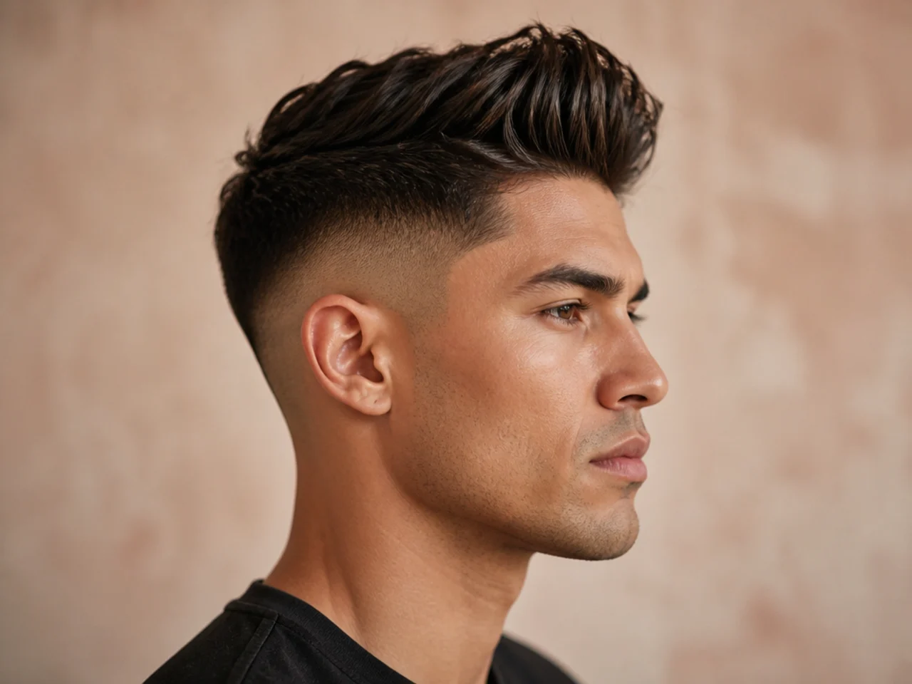 Skin fade quiff with a bald edge at the temple and a textured swept-back top