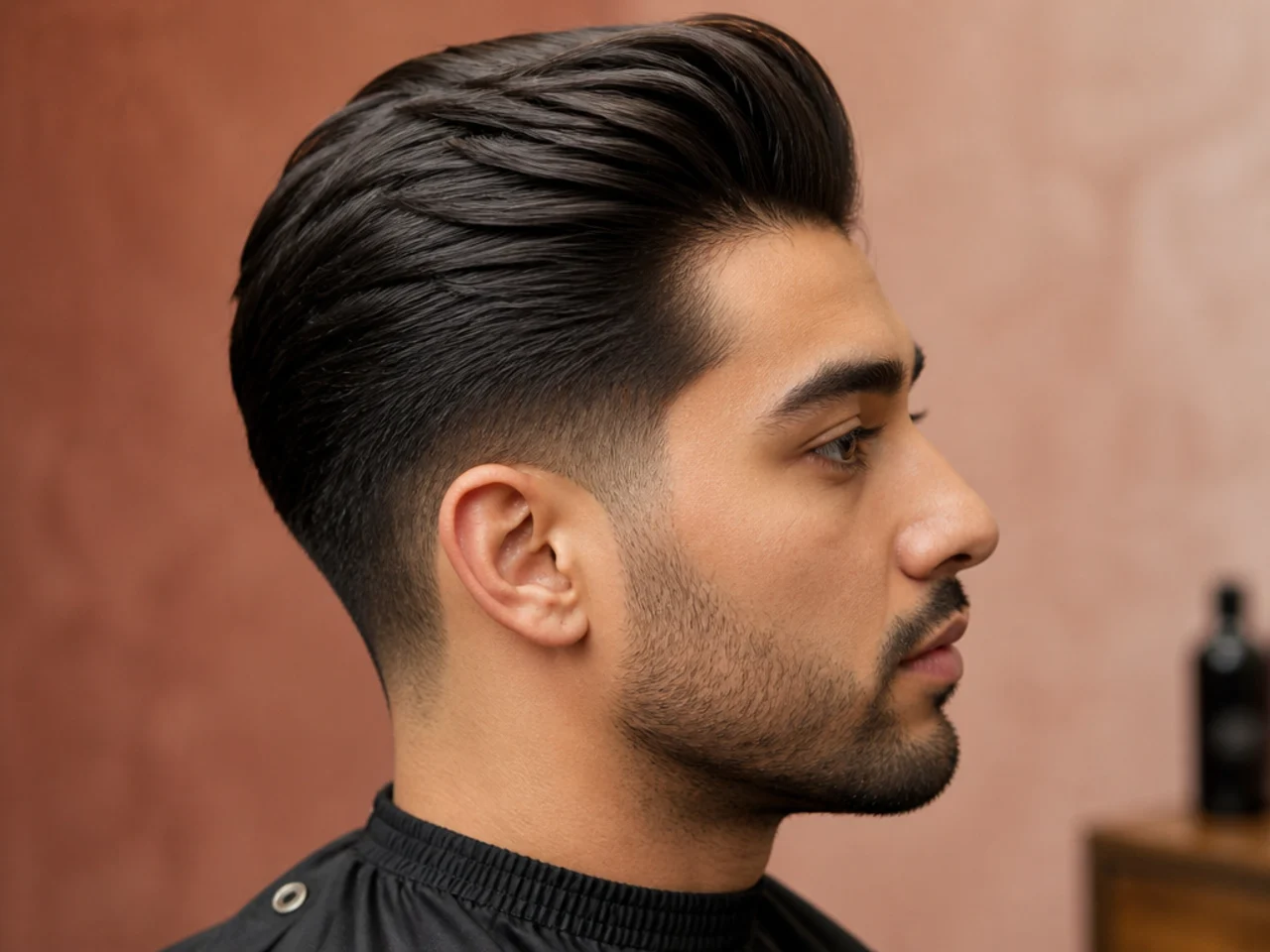 Slick back quiff with the front and sides swept back cleanly and a low taper at the perimeter