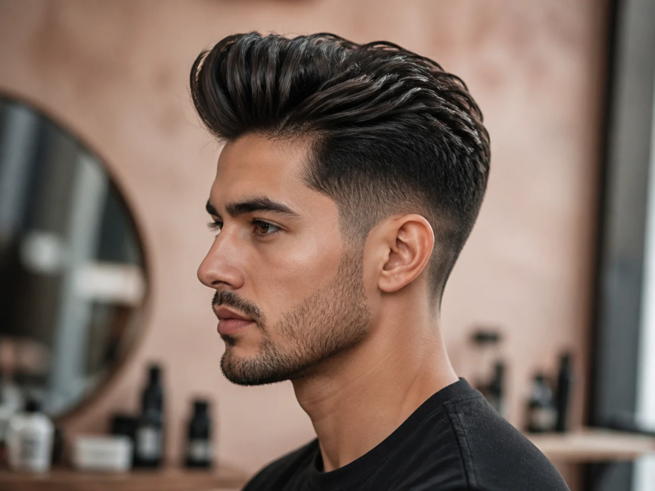 Styling routine for a mens quiff — mousse, blow-dryer, round brush, matte clay, and hairspray