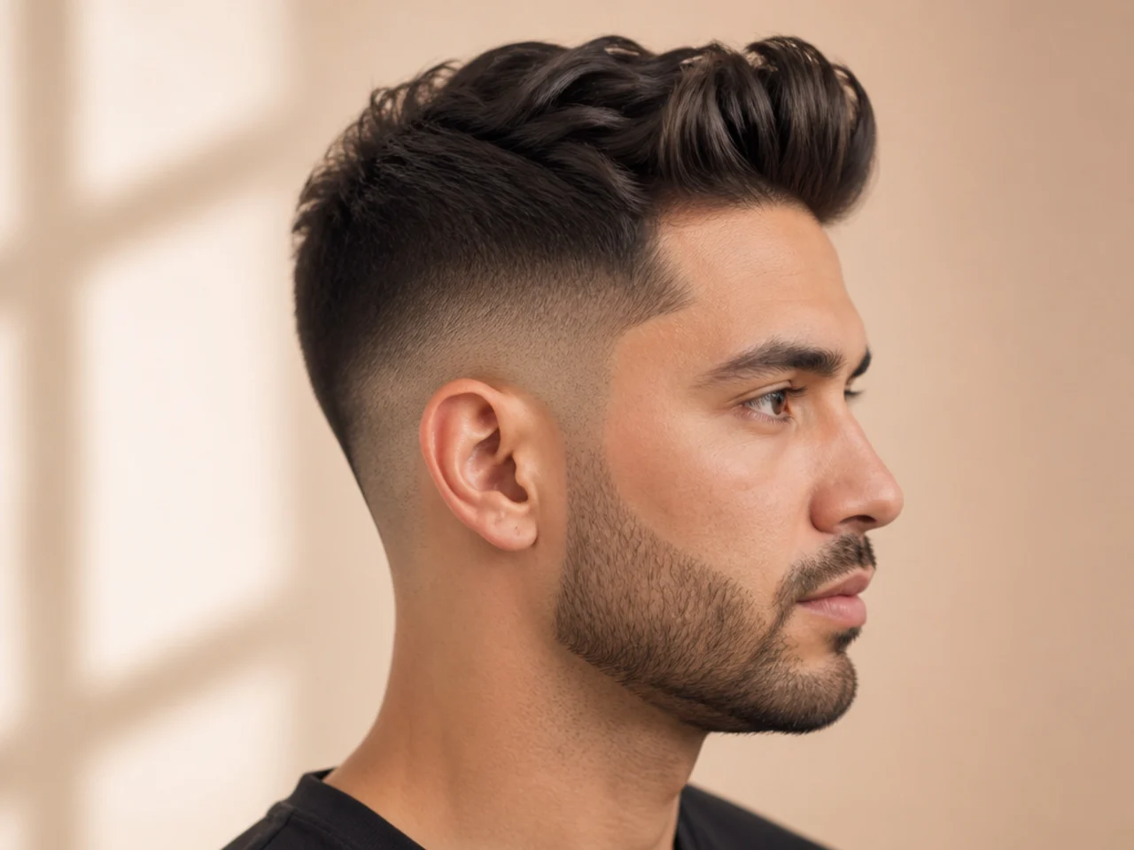 Taper fade quiff with a gentle taper at the sideburns and nape and a full swept-back top
