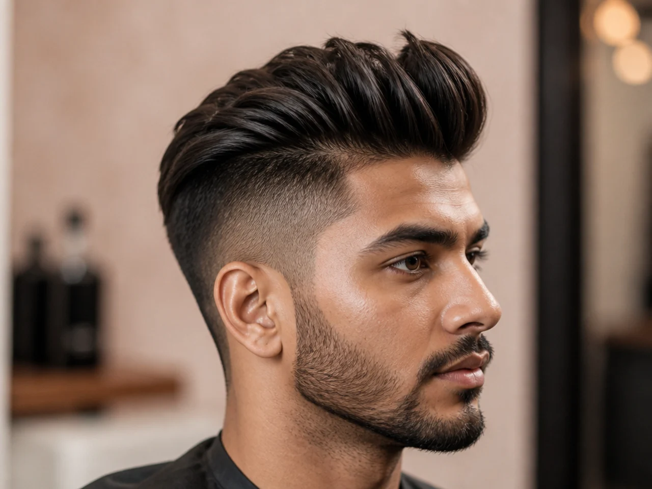 Undercut mens quiff with a hard line where the sides meet the top, long swept front, and matte finish