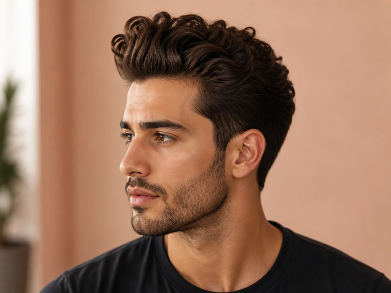 Wavy mens quiff with natural S-shaped movement, mid taper fade, and a swept-back front