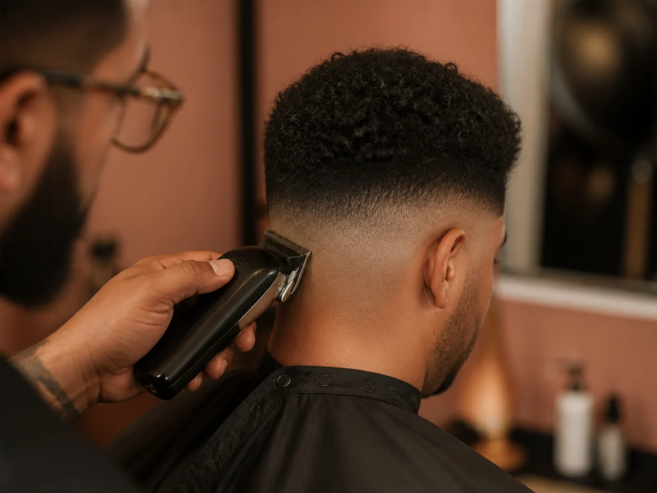 A barber refreshing a fade between full haircuts