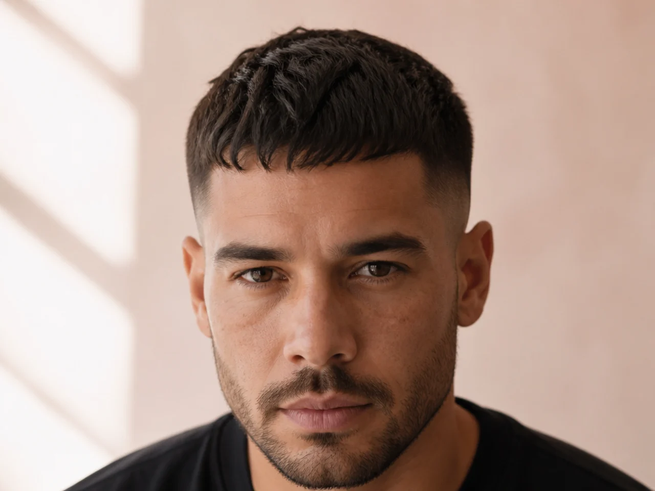 A grown-out short top styled forward into a crop