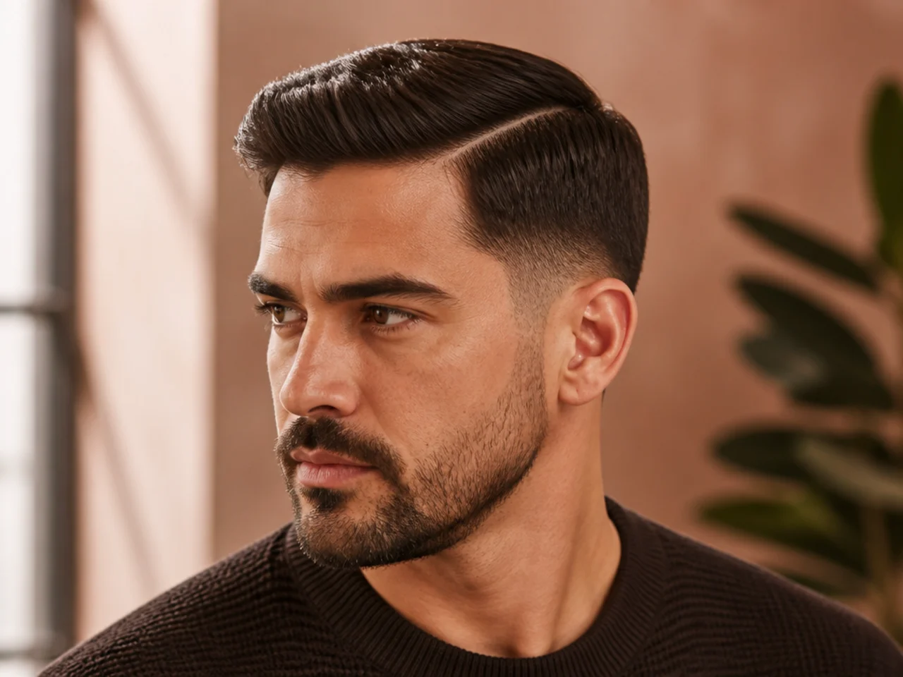 A part combed into grown-out short sides