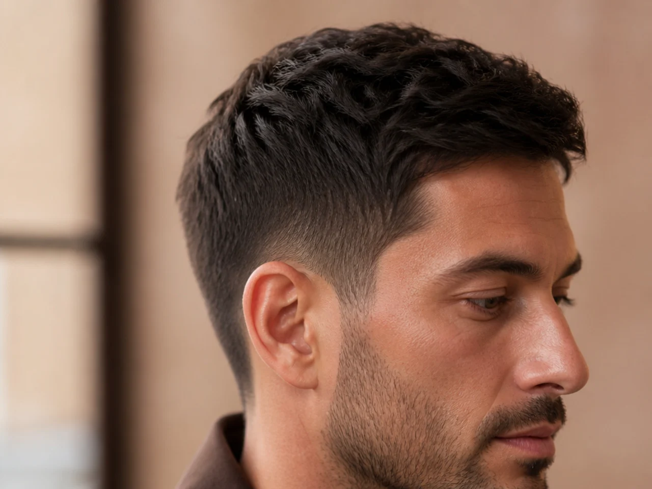 A grown-out short haircut worn as a softer scissor shape