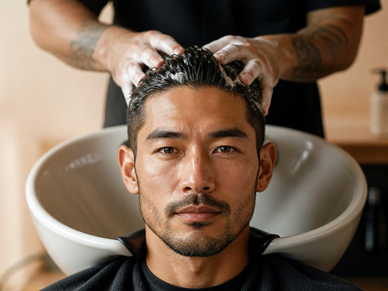 Short hair being washed at the end of the cut cycle