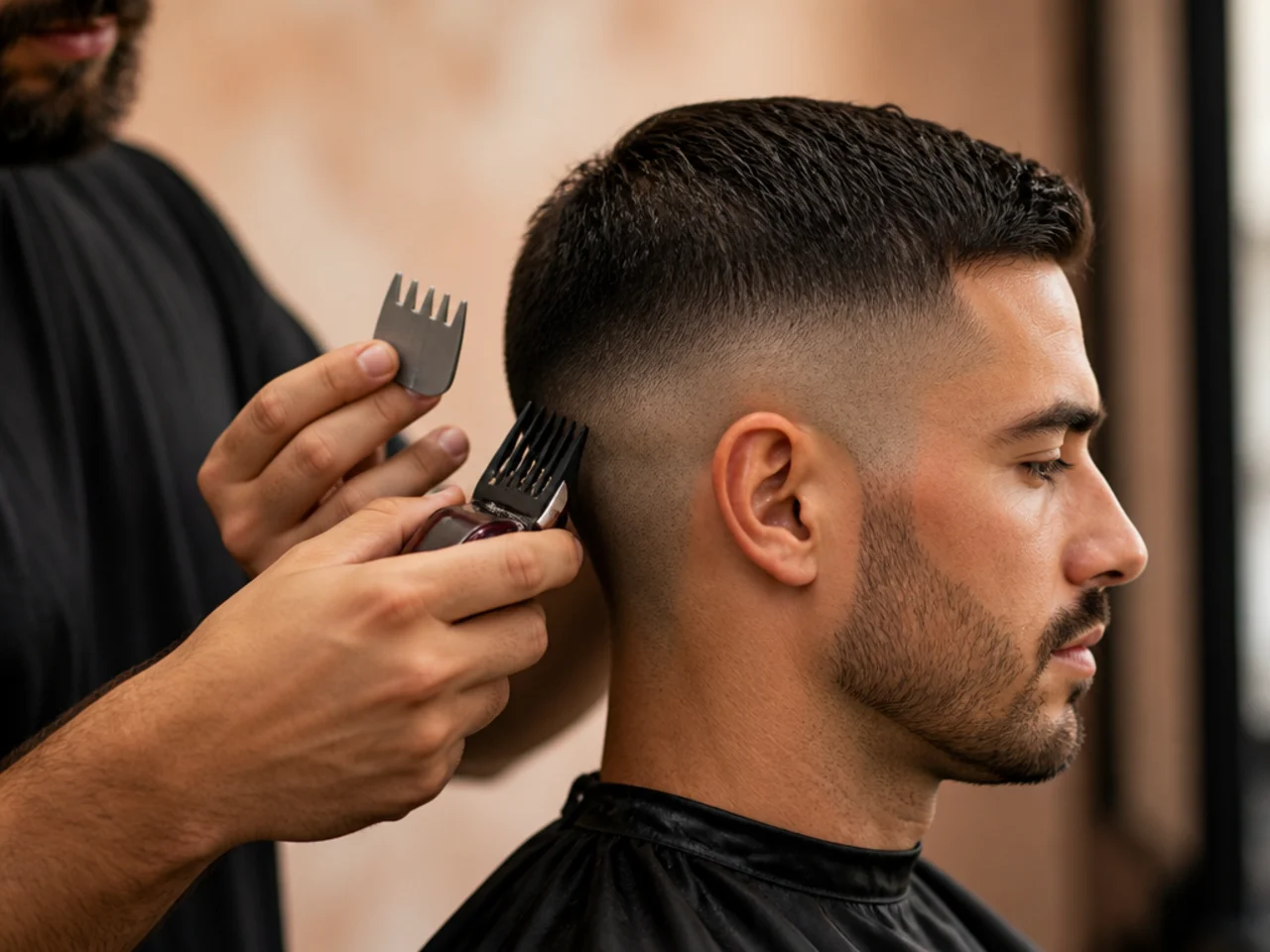 A barber switching from a number two to a number three guard