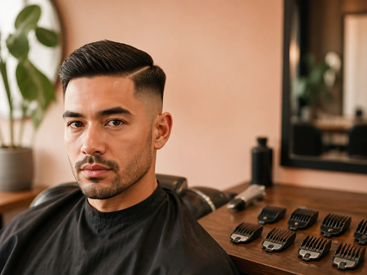 Clipper guards laid out beside a barber chair