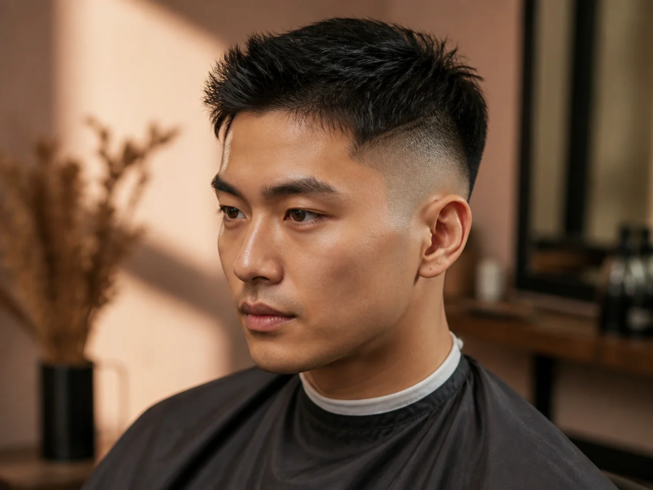 Three-quarter view of a short men's haircut mid-cycle