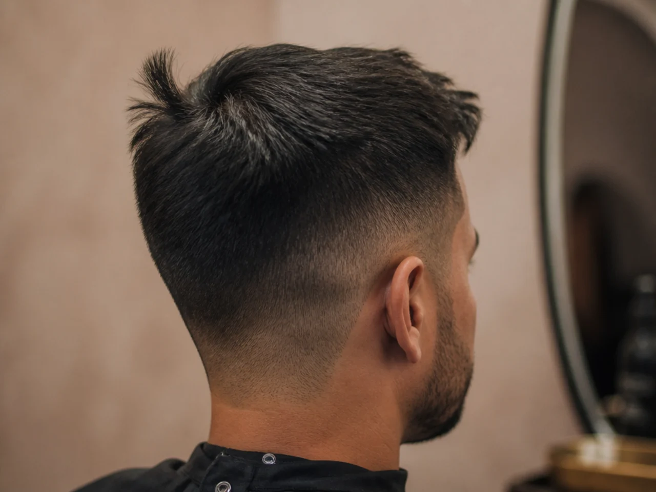 A cowlick lifting one side of a short fringe