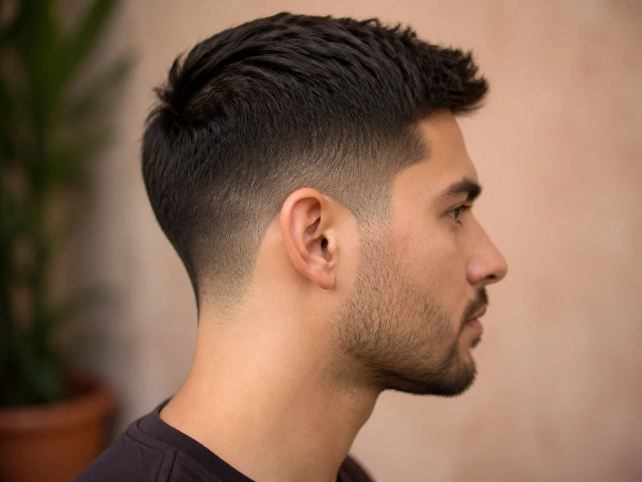 A conservative short haircut with a low taper