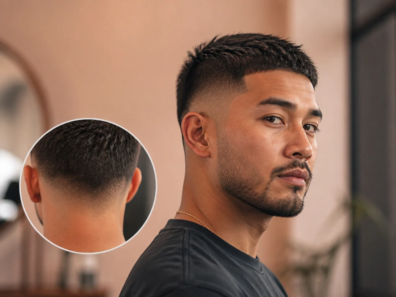 A rounded neckline at the nape of a short haircut