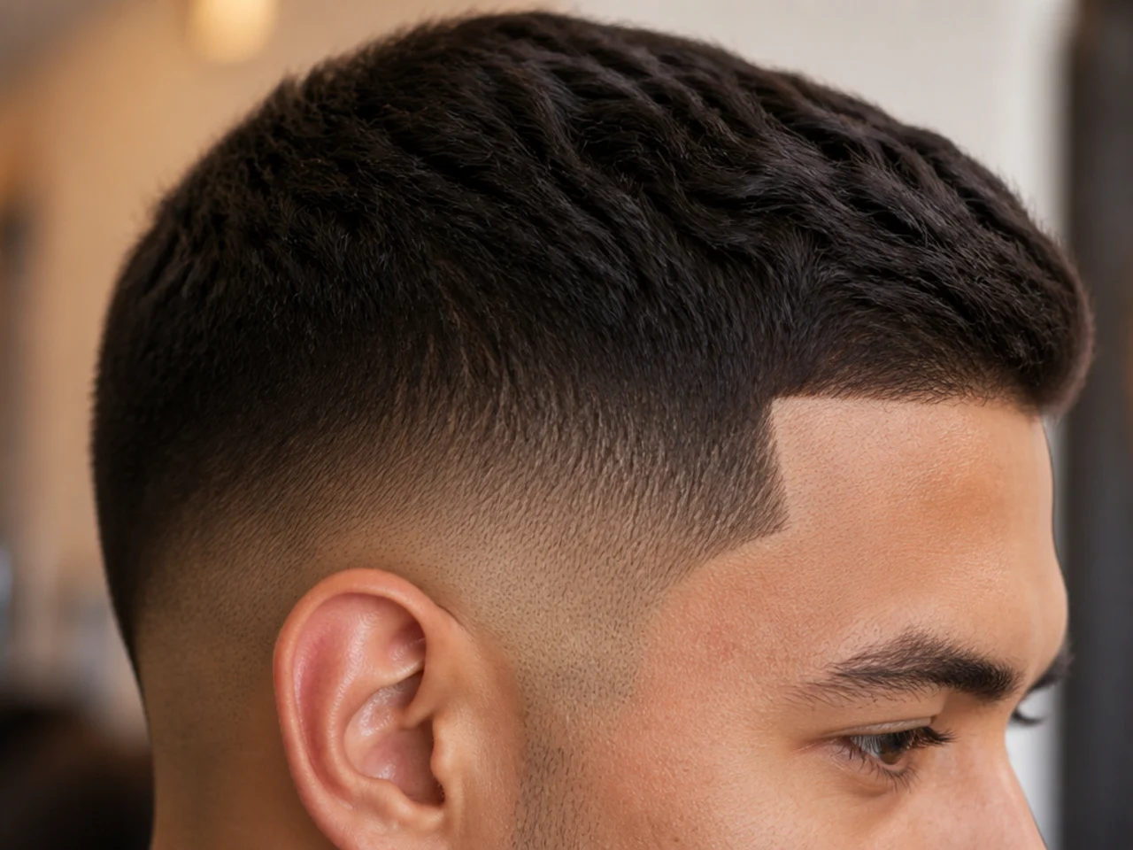 A cleanly blended gradient and line-up on short hair