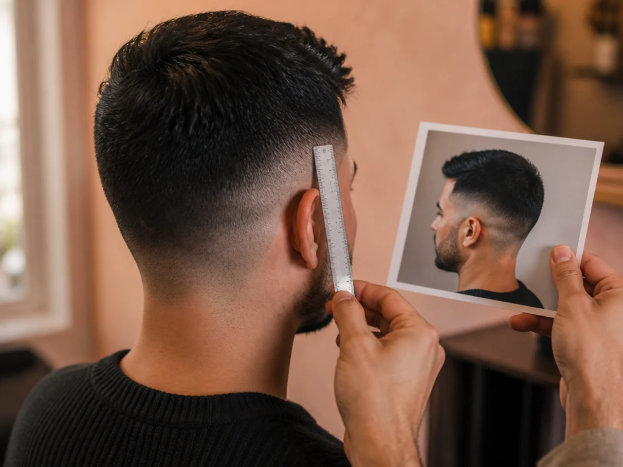 A ruler measuring hair length against a reference photo